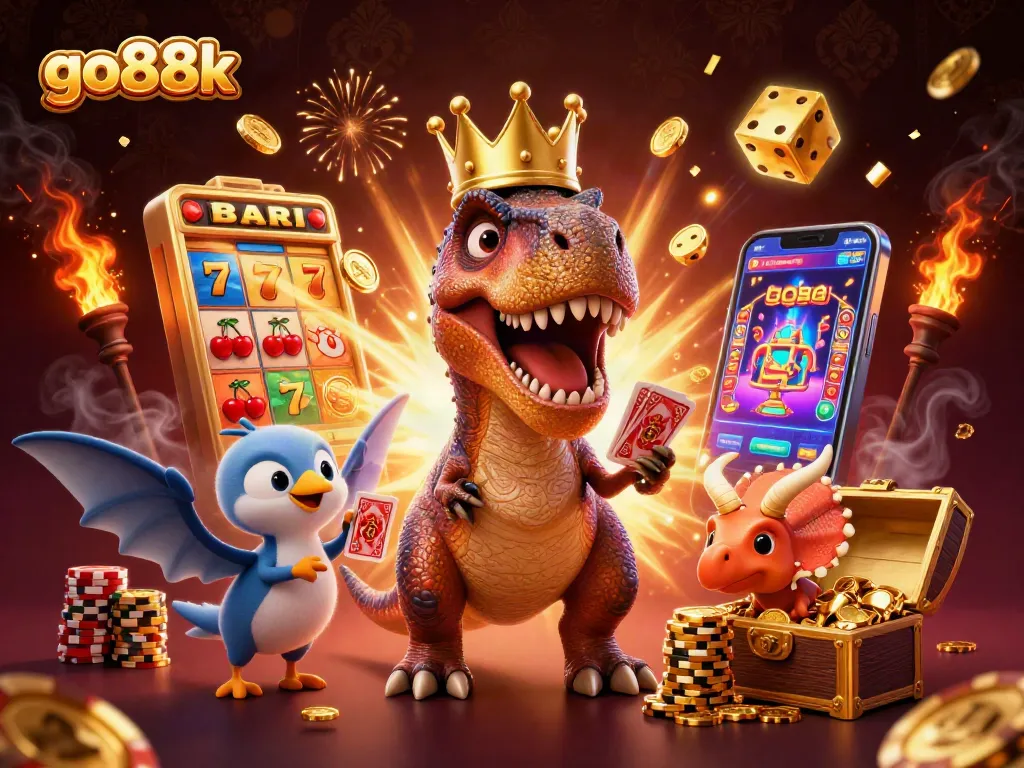 Experience go88k's vibrant casino atmosphere with cartoon dinosaurs engaging in playful gaming activities.