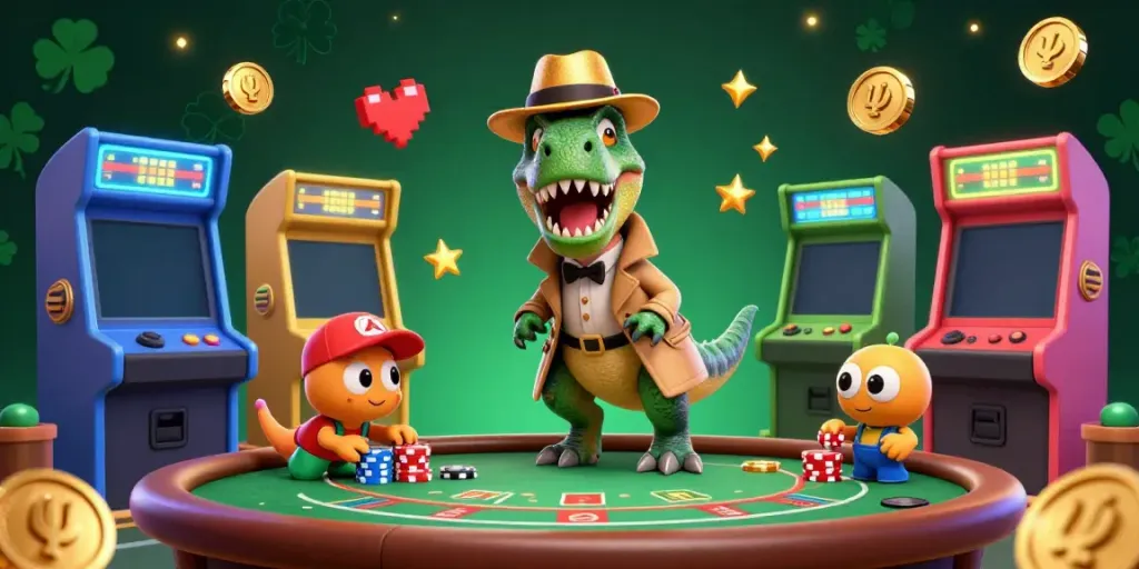 Experience exciting gameplay at RR88 com as a velociraptor card counter interacts with a suspicious stegosaurus pit boss in this vibrant casino scene.