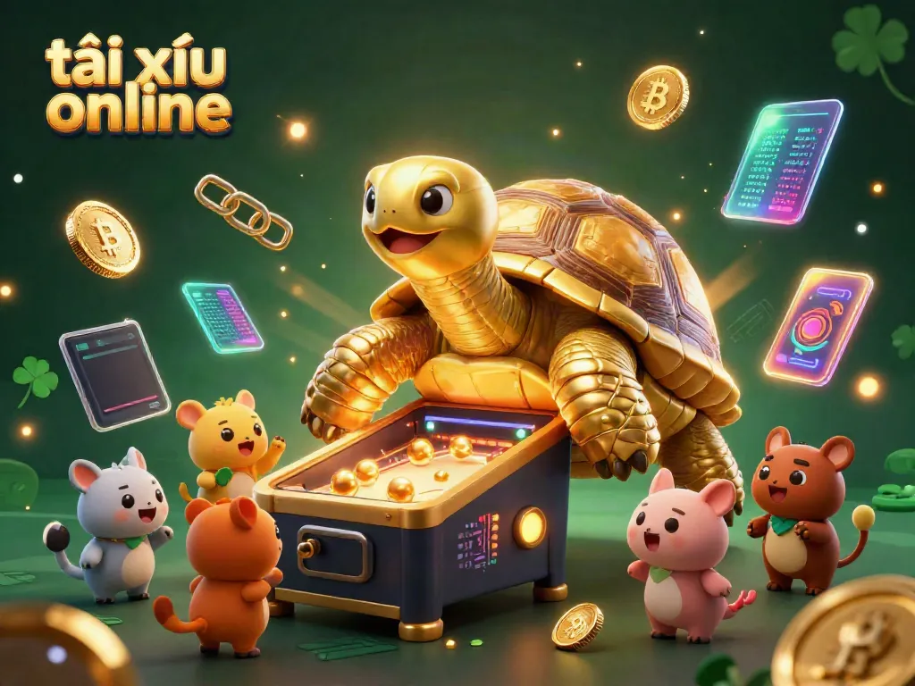 Engage in tài xỉu online with this vibrant illustration featuring a colossal golden tortoise and crypto elements.
