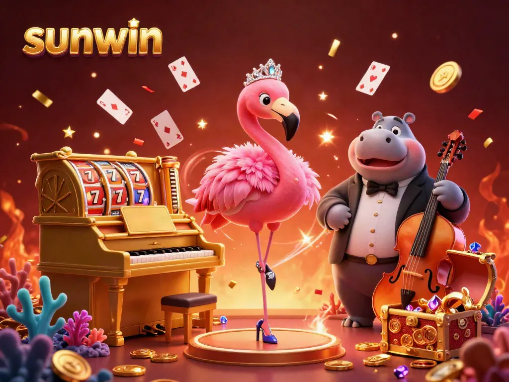 Experience an exciting sunwin casino scene with entertainers, floating playing cards, and jackpots.