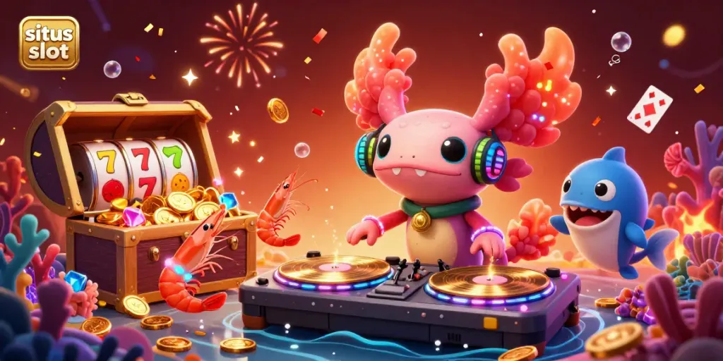 Ilustrasi 3D penuh warna "situs slot" yang menampilkan DJ axolotl dengan elemen permainan slot yang dinamis.