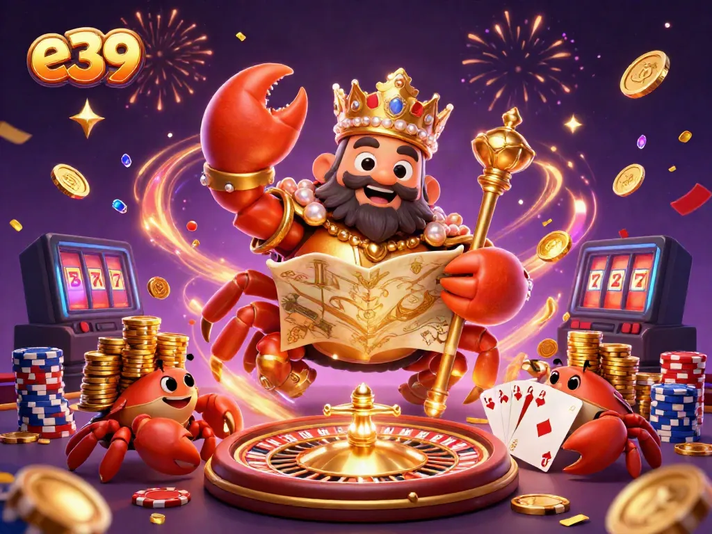 Experience the vibrant e39 casino adventure with a golden crab emperor and treasure amidst dazzling game elements.