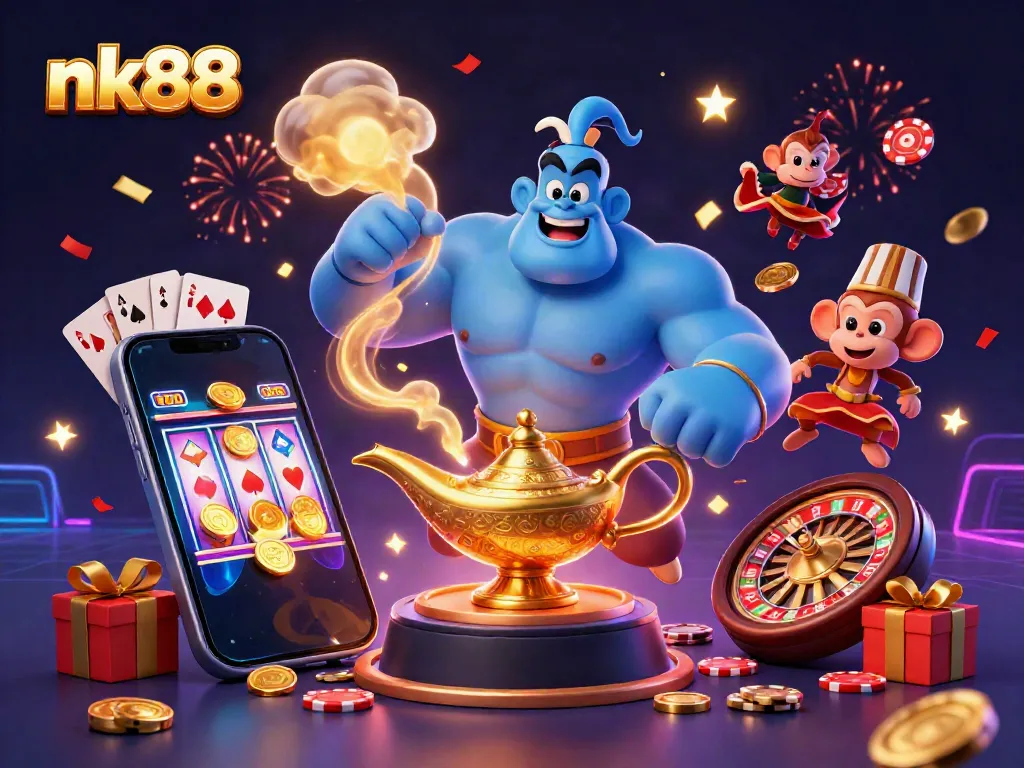 Experience nk88 with a vibrant casino scene featuring a genie, poker chips, and festive elements.