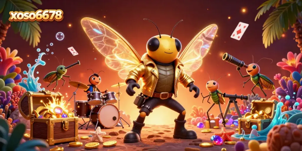 Xoso6678's vibrant 3D cartoon scene features a cicada rock star and drummer amid casino treasures.