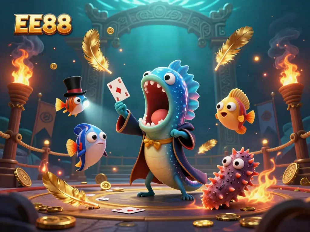 EE88 showcases a captivating underwater casino scene with brilliant characters performing magic tricks.