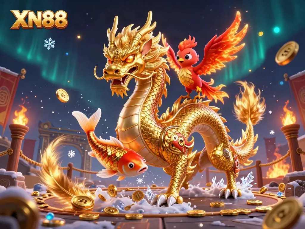 Experience the excitement of XN88 with a golden dragon, phoenix, and koi fish amidst a dynamic casino scene.