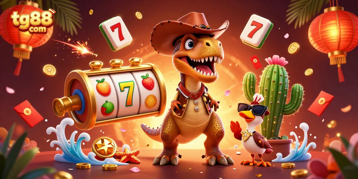 Spin the reels at tg88 com for vibrant casino thrills with a cartoon T-Rex and friends!