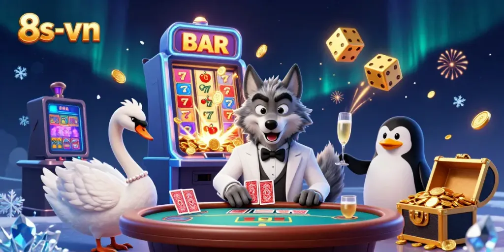 Engage with 8s-vn featuring a debonair wolf, elegant swan, and penguin at a vibrant casino scene.