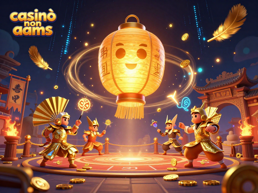 Casinò non AAMS con un'atmosfera magica, caratterizzata da un grande spirito della lanterna dorata e guerrieri con ventagli, immersi nel gioco e nella vincita.