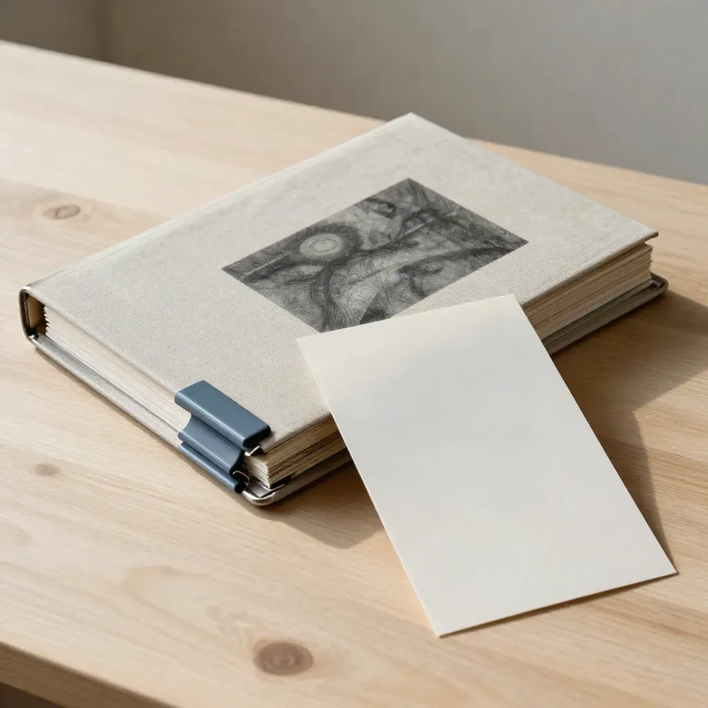 Binder decku z markerami sekcji, grafitowymi próbkami i etui na jasnym drewnie.