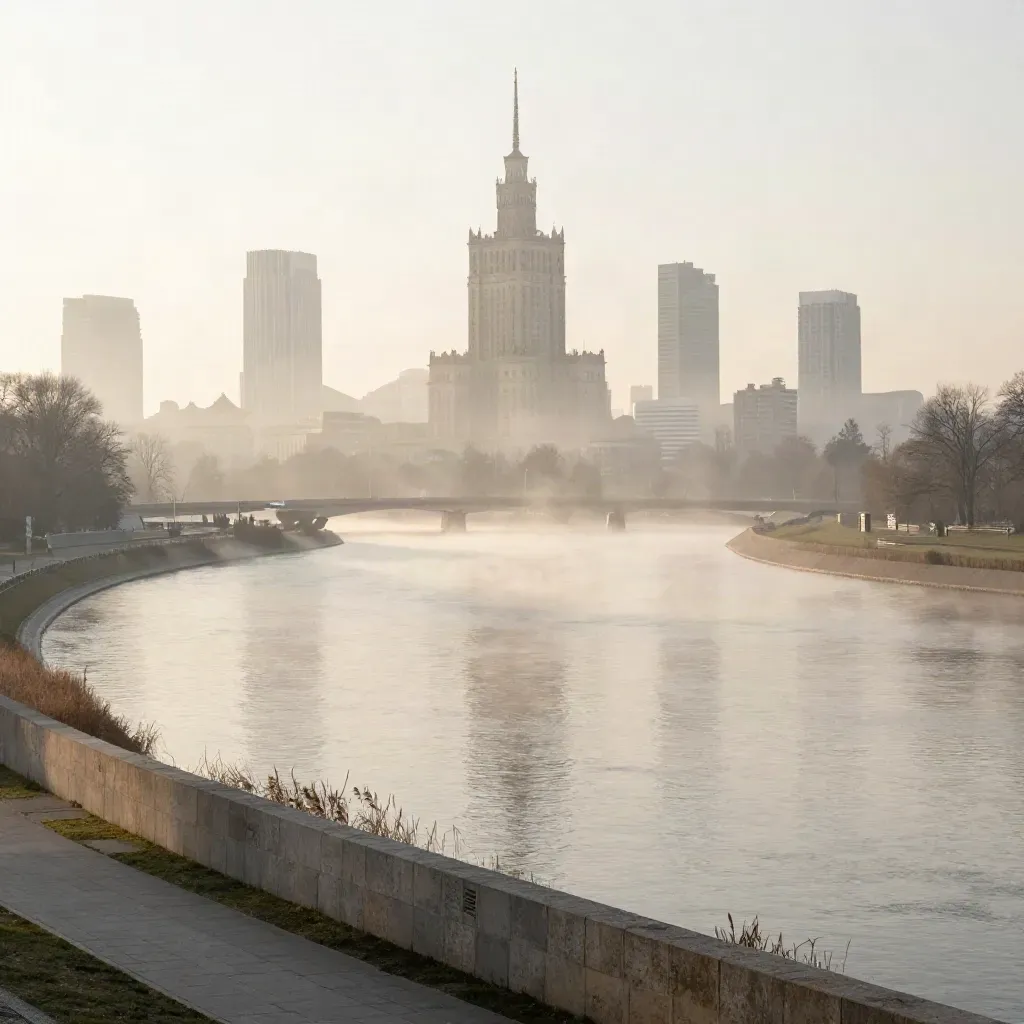 Warszawa o świcie nad Wisłą, w mgle i spokojnym świetle