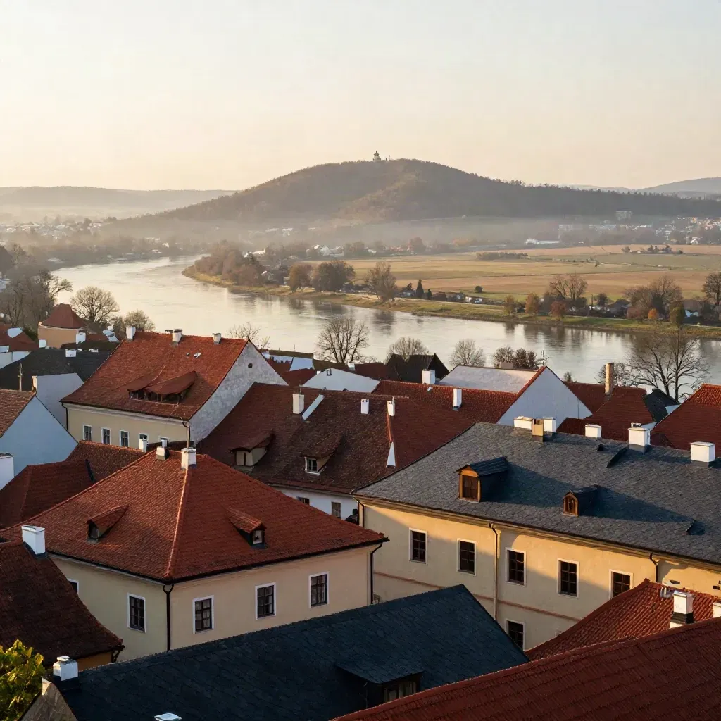 Złote światło nad Krakowem i Małopolską, dachy wysoko, spokojna dolina rzeki niżej.