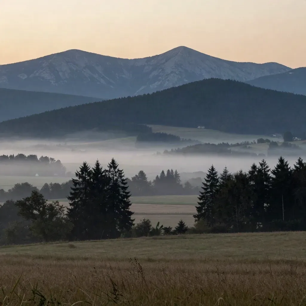 Mgliste pasma Sudetów o zmierzchu nad spokojną doliną Dolnego Śląska.