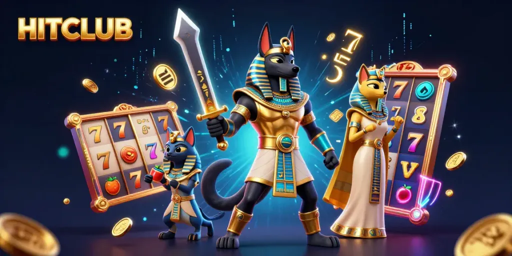 Experience HITCLUB's exciting gaming atmosphere with vibrant 3D characters and slot elements.