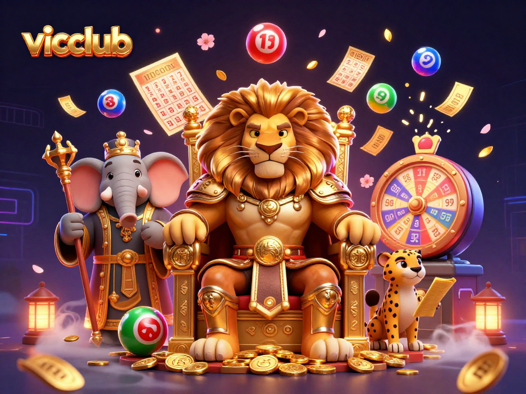 Experience the thrill of winning at vicclub with a fierce lion king and vibrant gaming elements in a dynamic casino scene.