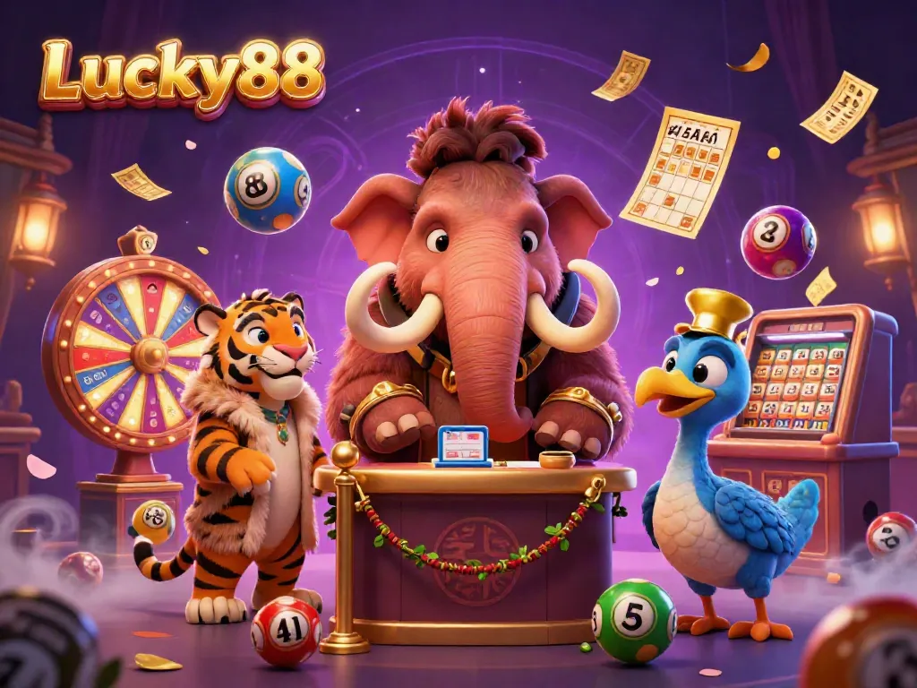 Experience the vibrant atmosphere of Lucky88 as colorful elements surround casino characters welcome guests.