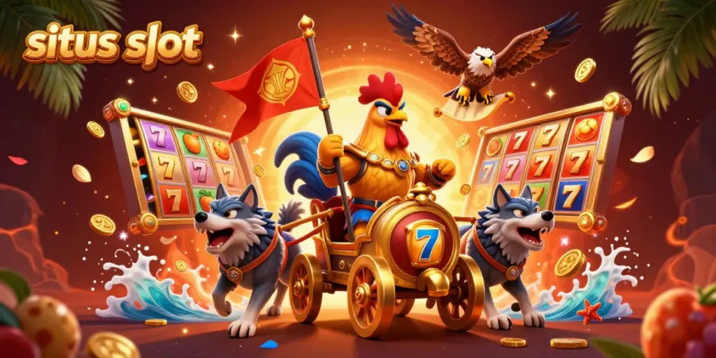 Menang besar di situs slot dengan simbol buah dan jackpot yang mengelilingi panglima ayam jantan.