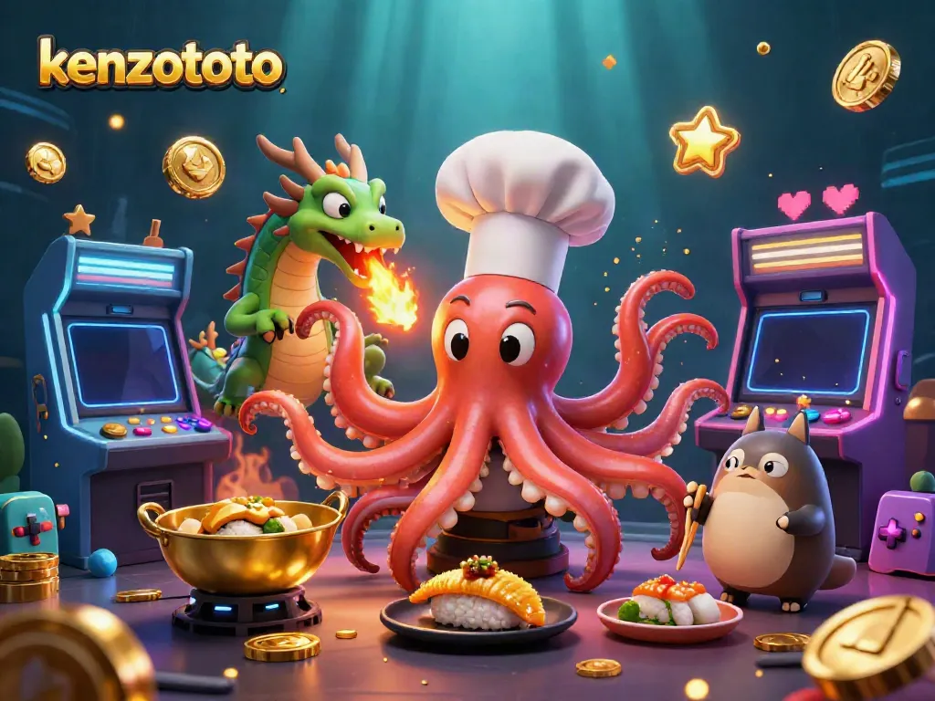 Engage with kenzototo's thrilling gaming experience, featuring an octopus chef and colorful arcade elements.