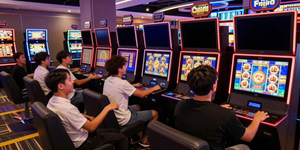 Dynamic gaming scene showcasing players enjoying link gacor slot machines in a modern lounge.