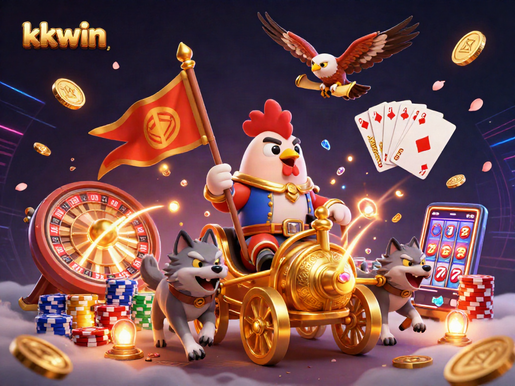 Win exciting rewards with kkwin as a cartoon rooster leads a casino adventure packed with gold coins and games.