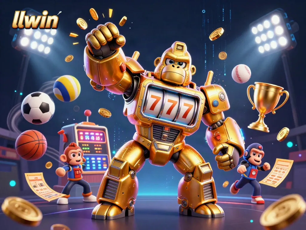 Win big with llwin featuring a dynamic 3D golden gorilla mech and vibrant sports elements.