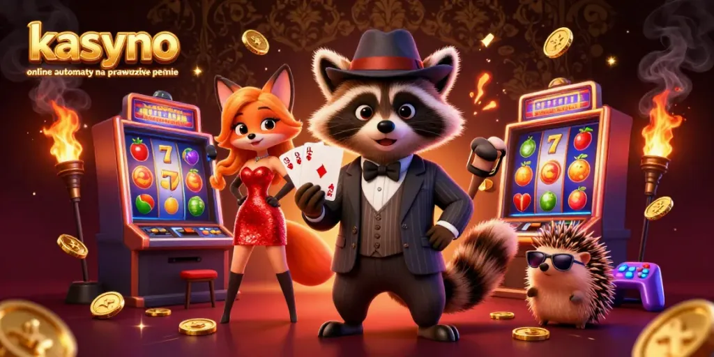 Experience the thrill at kasyno online automaty na prawdziwe pieniądze with vibrant slot machines and a charming raccoon in a luxurious setting.