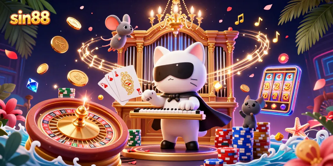 sin88 captivates with a vibrant casino scene featuring an enchanting cat and musical elements.