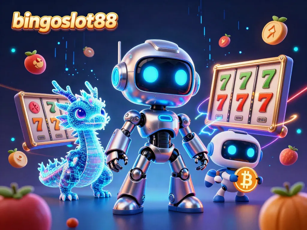 Permainan slot bingoslot88 menampilkan robot dan naga holografik seru.