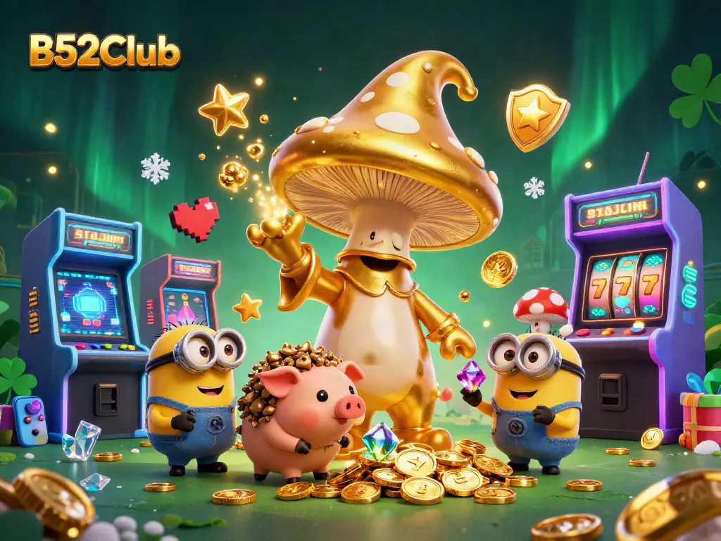 Experience B52Club's magical elements in a lively casino-themed illustration showcasing golden treasures and game excitement.