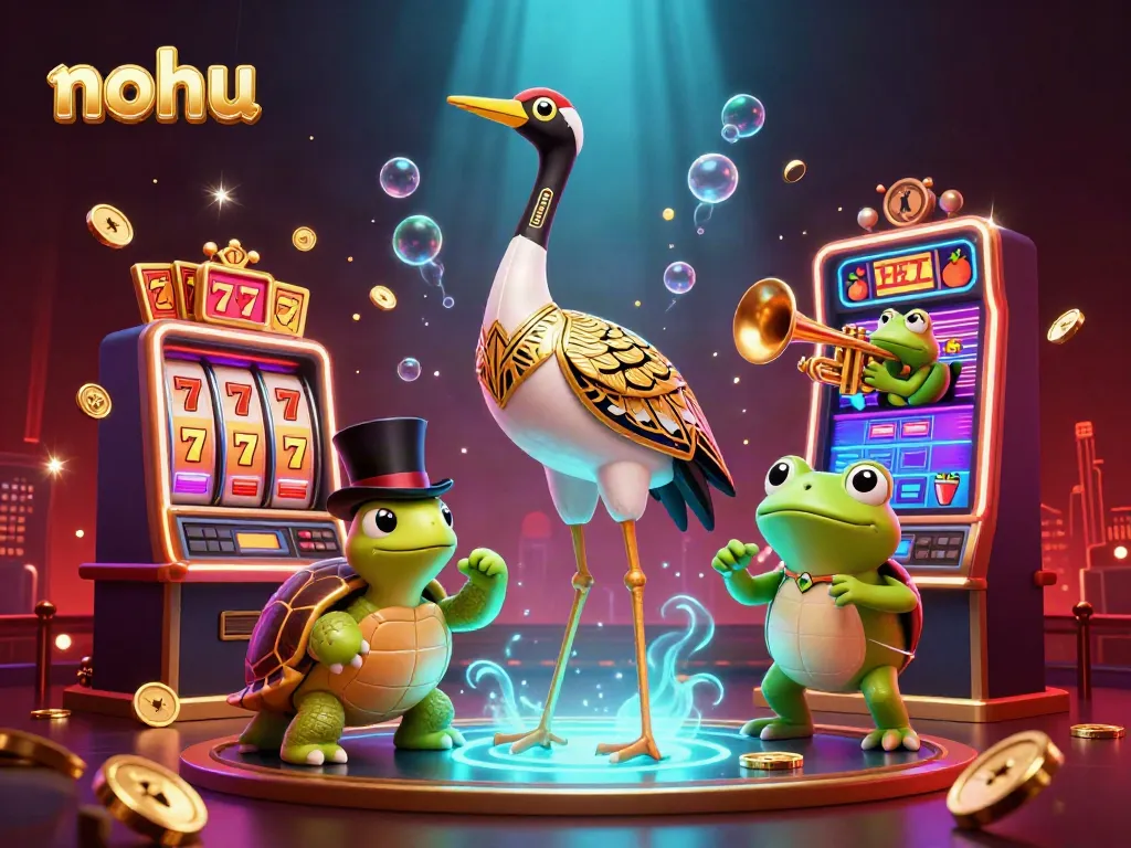 Experience the thrill of nohu gaming with vibrant slot visuals and dynamic characters in this 3D illustration.