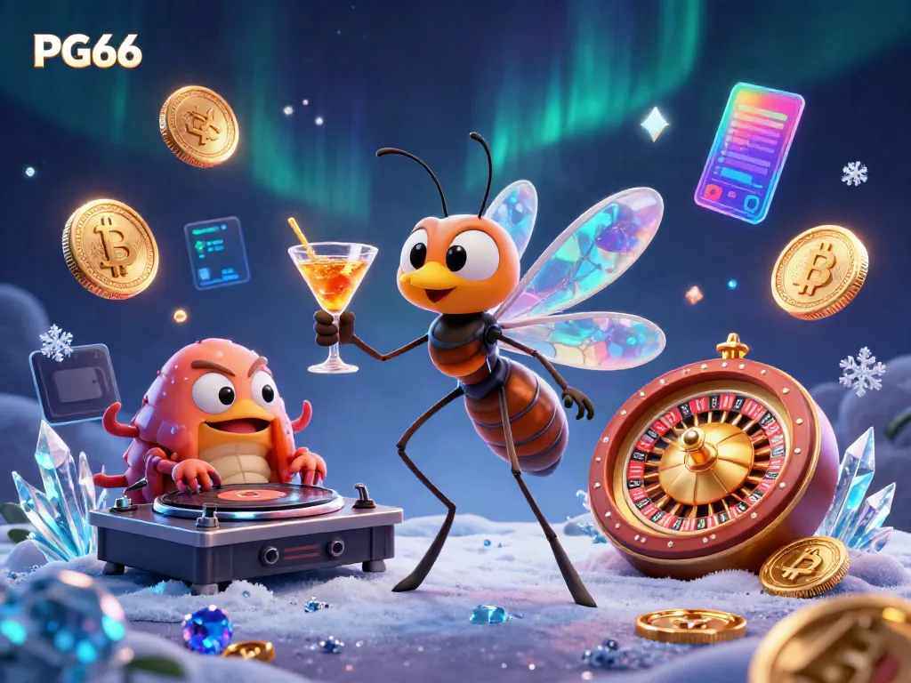 Enjoy PG66's vibrant 3D casino scene with animated characters and crypto elements.
