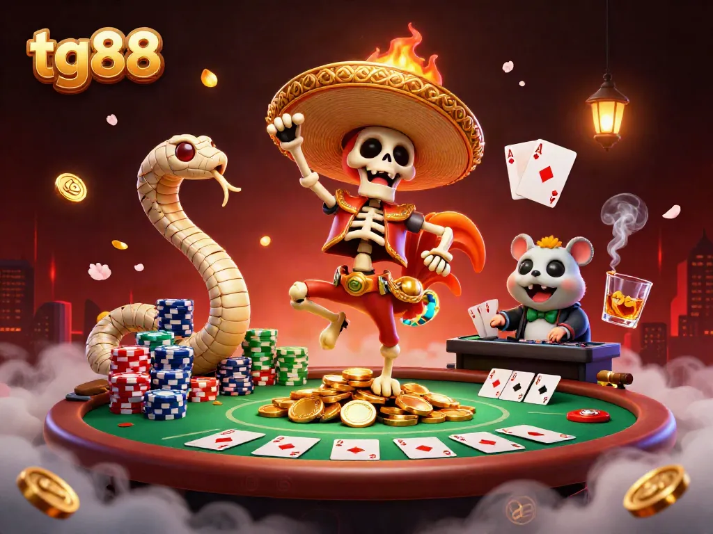 Watch tg88's thrilling victory dance with dynamic casino elements in a vibrant, bustling scene.