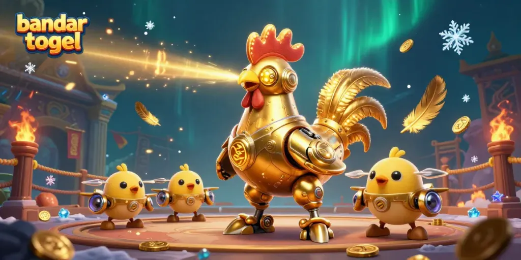 Menggali data bandar togel terbaru dengan robot ayam emas futuristik dan drone dalam suasana kasino.