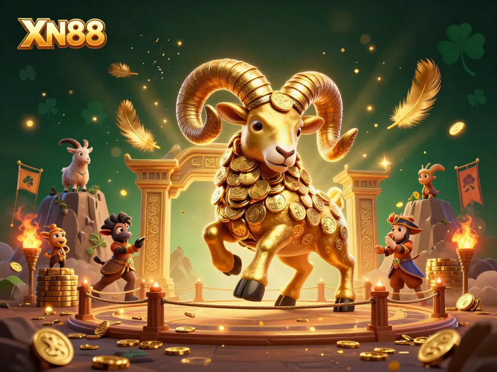 XN88 casino illustration featuring a golden ram charging through vibrant game elements and gold coins.