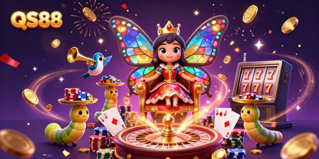 Experience the excitement of QS88 with a vibrant illustration of a butterfly queen surrounded by gambling elements.