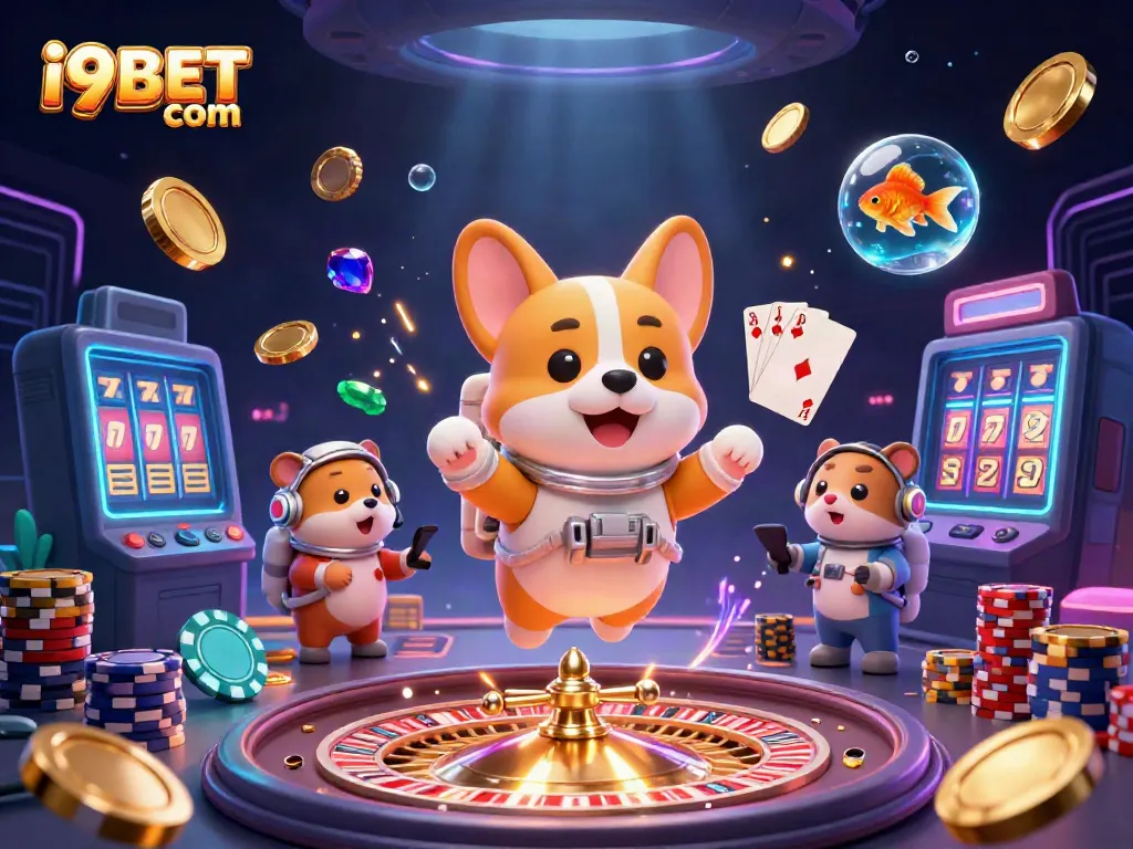 Engage with i9BET com in a vibrant casino scene featuring a 3D astronaut corgi surrounded by coins, cards, and lively game elements.