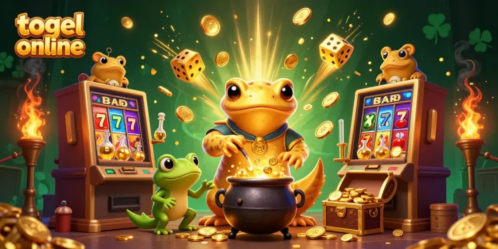 Ilustrasi togel online yang menampilkan alkemis salamander emas mengubah logam dasar menjadi koin emas.