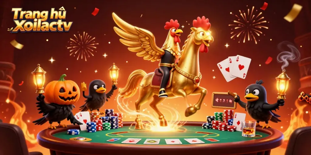 Experience the dynamic gaming atmosphere at Trang chủ xoilactv with golden rooster riding in a vibrant casino.