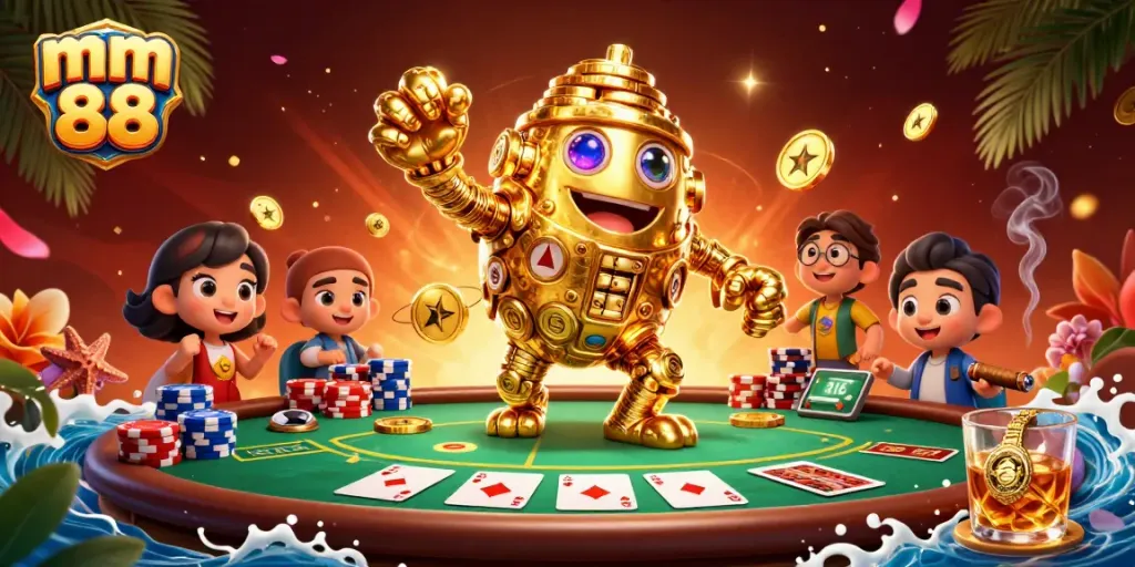 Experience the gaming thrill with mm 88, featuring a golden golem and vibrant poker elements.