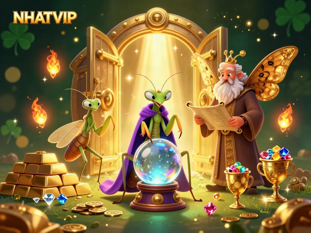 Experience the thrill of NHATVIP in a captivating casino scene with vibrant characters and treasures.