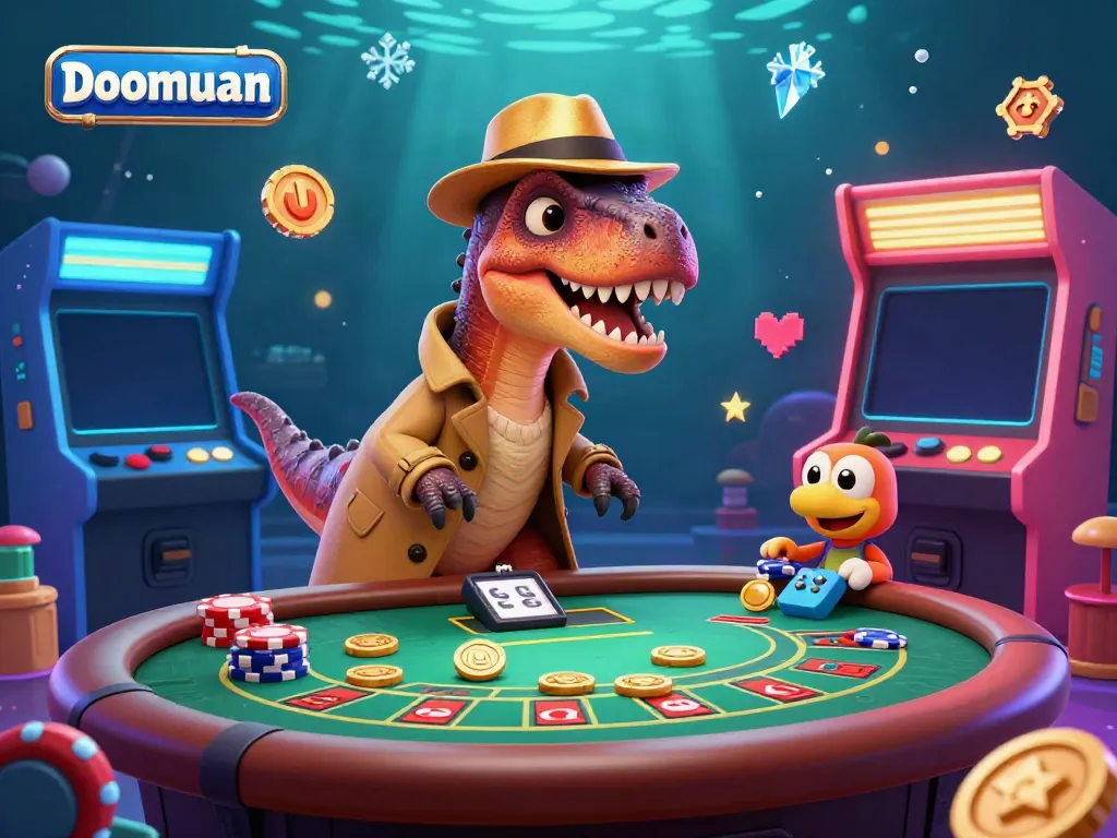 Doomuan brings excitement to the casino with a velociraptor card counter, stegosaurus pit boss, and pickpocket at a blackjack table.