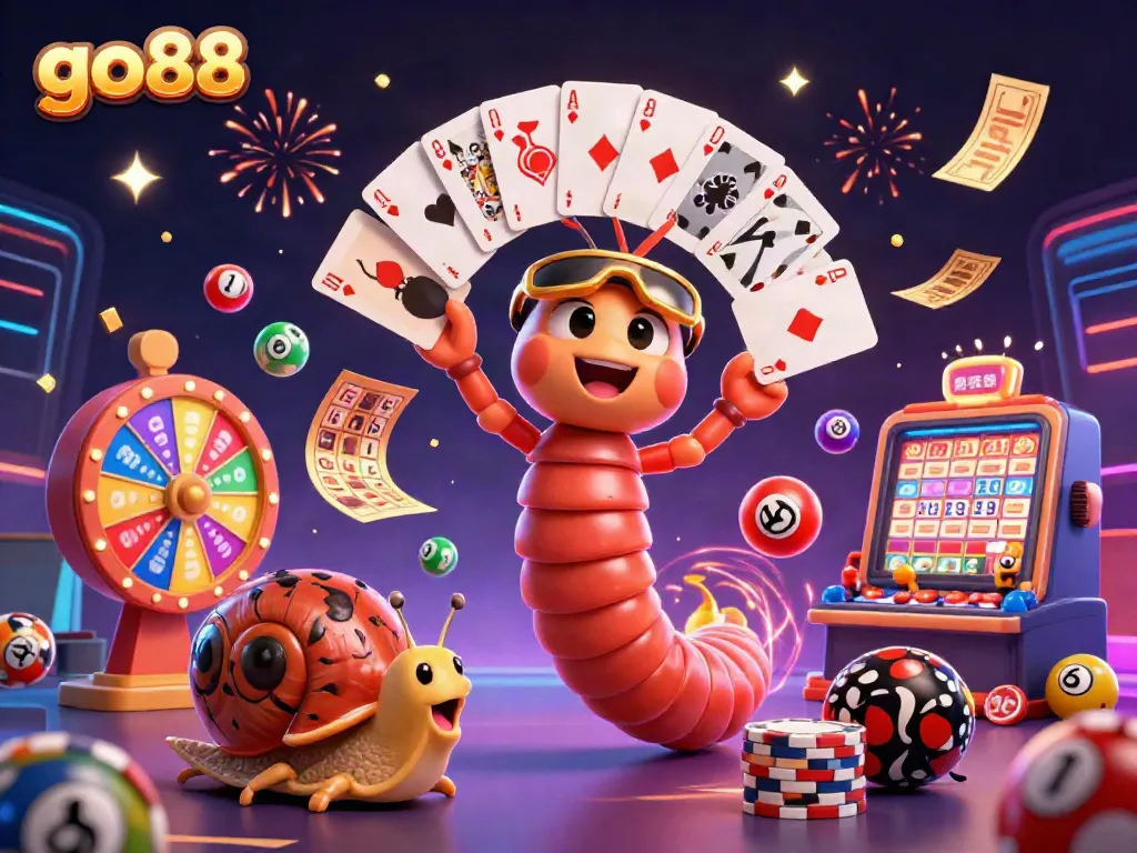 Experience excitement with go88 in this vibrant 3D scene featuring a card dealer and high-roller.