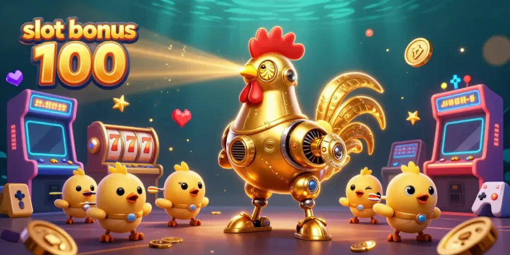 Engage in excitement with an ultra-detailed 3D scene featuring the slot bonus 100 characters, vivid casino elements, and a dynamic design.