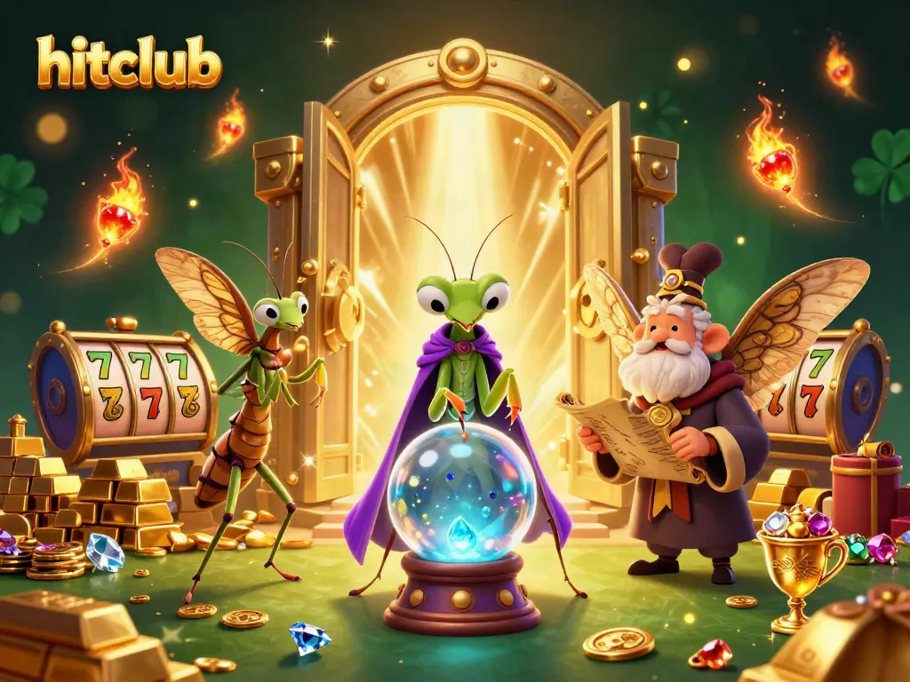 Hitclub fortune teller and moth librarian create a dazzling casino scene filled with treasures.