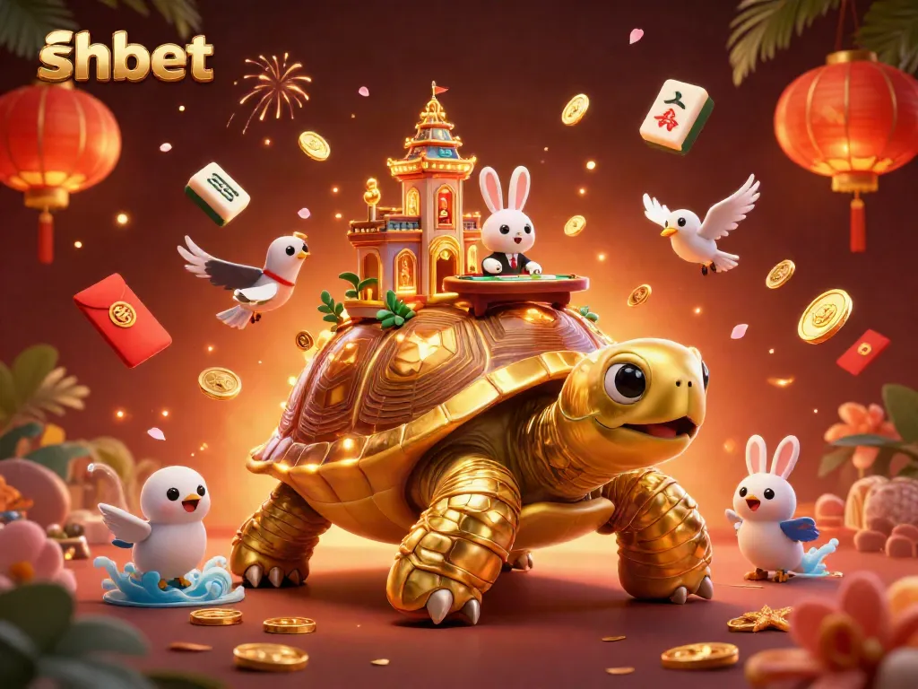 Experience shbet's vibrant casino atmosphere with a golden tortoise carrying a mini palace and rabbit dealer.
