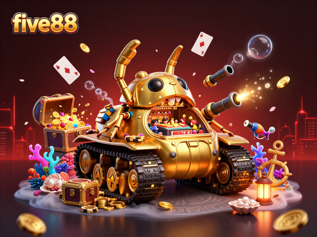 Engage with five88's thrilling casino experience showcased in a dynamic 3D illustration.