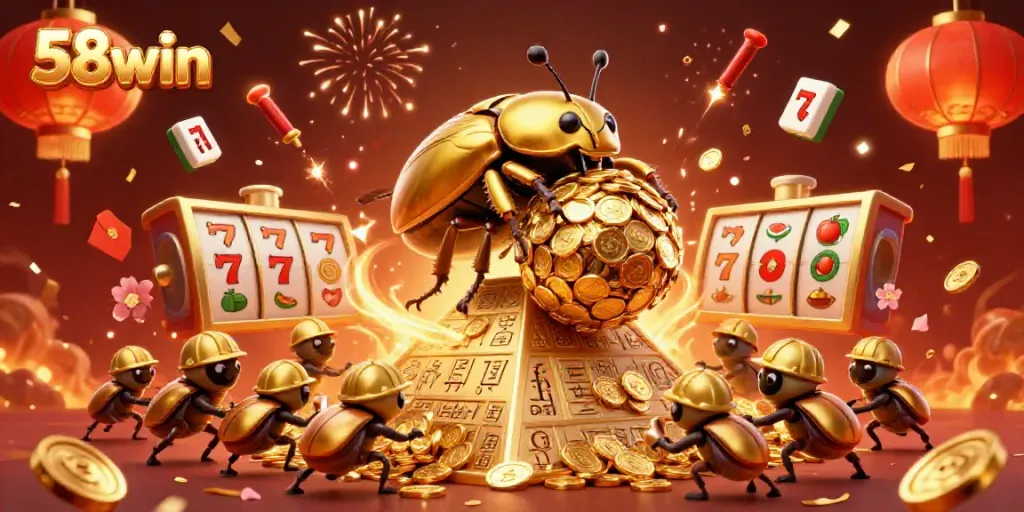 Experience thrilling slots at 58win with a golden dung beetle rolling coins under festive fireworks.