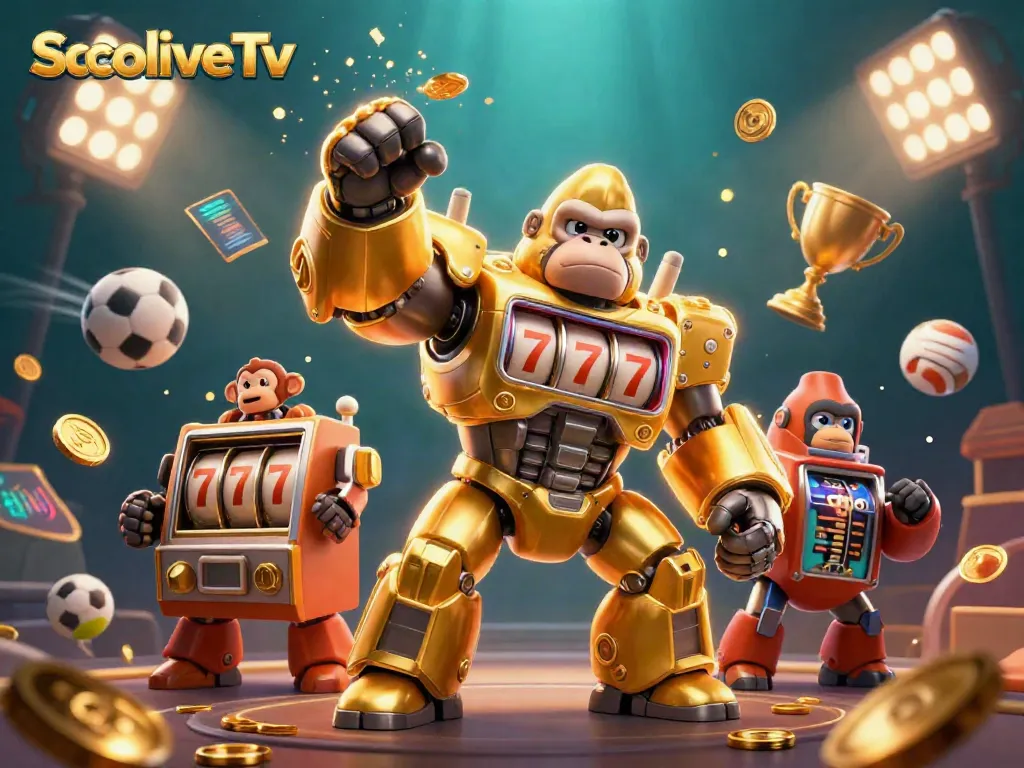 Engage with SocoliveTv's dynamic sports betting scene featuring a golden gorilla mech and vibrant sports elements.