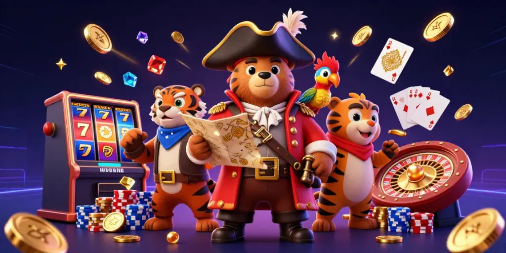 Slot bet 200 yang menarik dengan karakter kartun 3D beraksi di kasino, dikelilingi koin emas dan permainan slot.