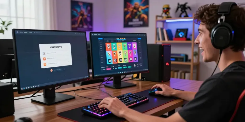 Player engaging with SERIBUTOTO platform on a gaming monitor showcasing colorful lottery results and app notifications.